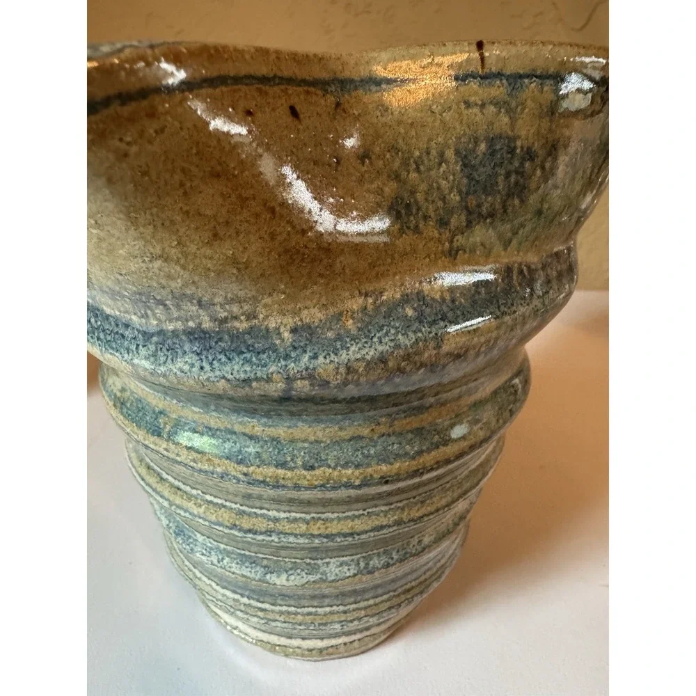 Signed Studio Art Pottery Pitcher Blue Green Earth Tone Glaze 2003 Jug